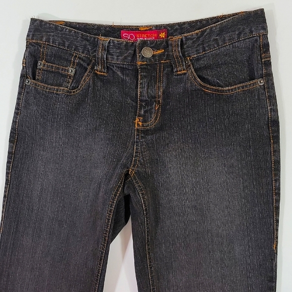 SO ♡ Black STRETCH Denim Gold Trim Stitching Fit 'n Flare Jeans 1 - Picture 7 of 14